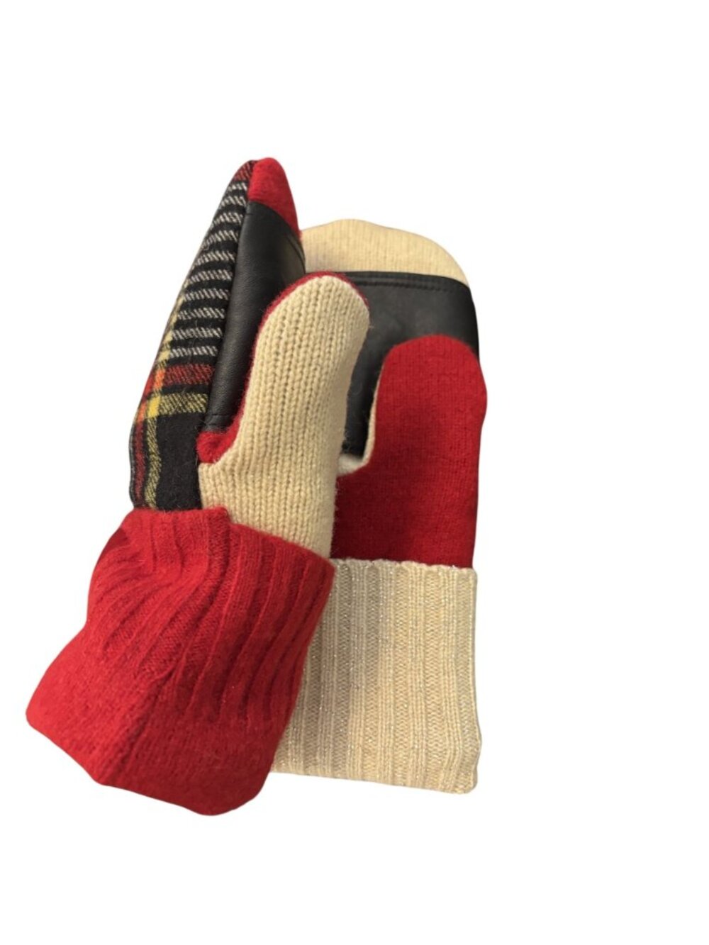 Colorful Wool Acrylic Blend Plaid Mittens W/ Faux Leather Palm & Button Detail - Picture 2 of 5